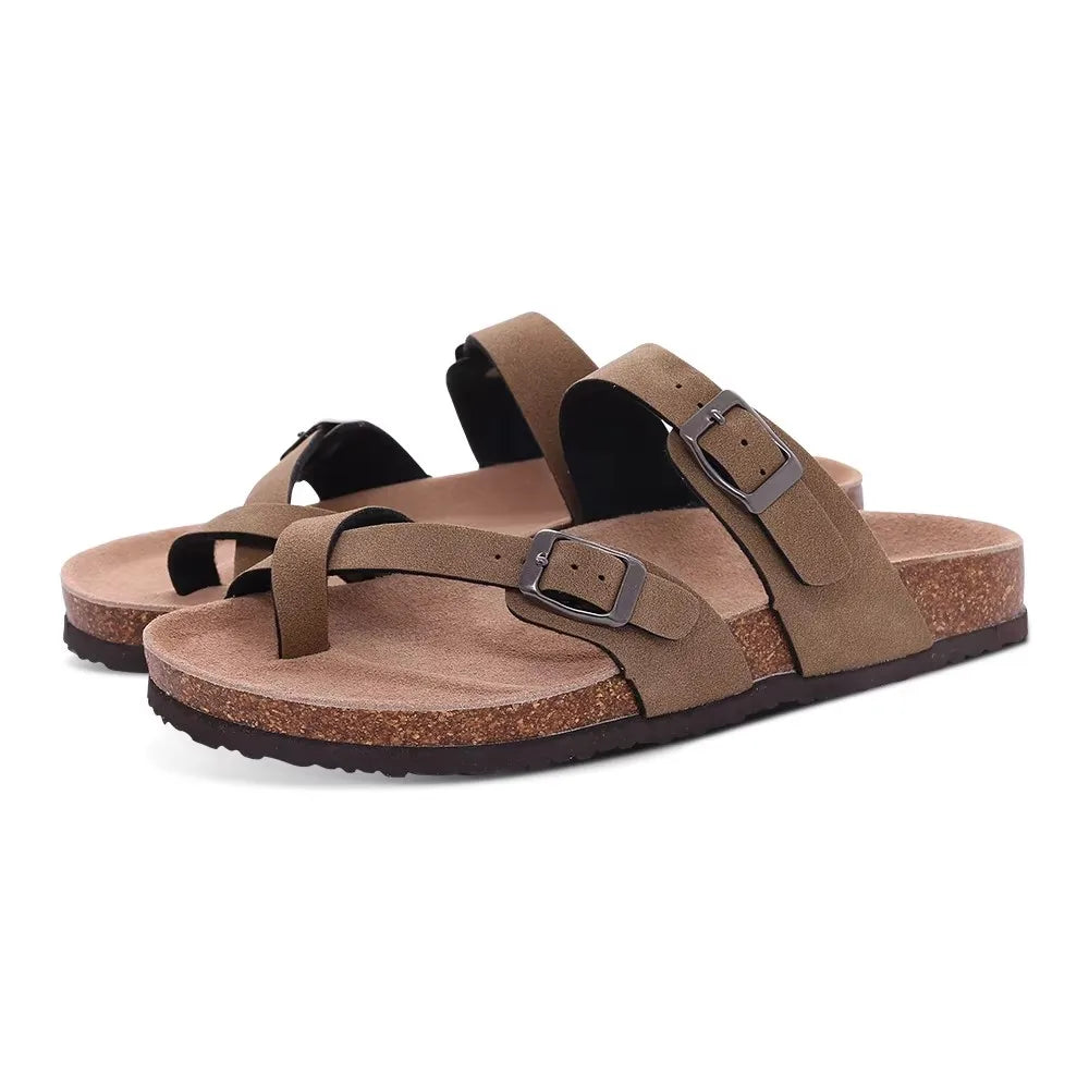 Pallene New Summer Women's Slippers With Arch Support Slip-On Outdoor Slides Cork Footbed Sandals With Adjustable Double Buckle