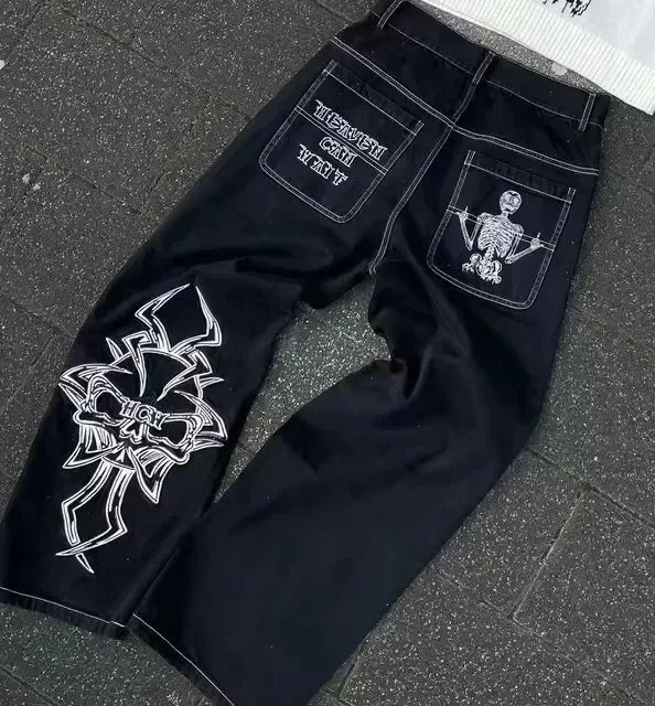 Y2k New Harajuku Retro Cherry Blossom Embroidered Blue Loose Jeans for Mens and Womens Gothic Fashion Low Waist Wide Leg Jeans