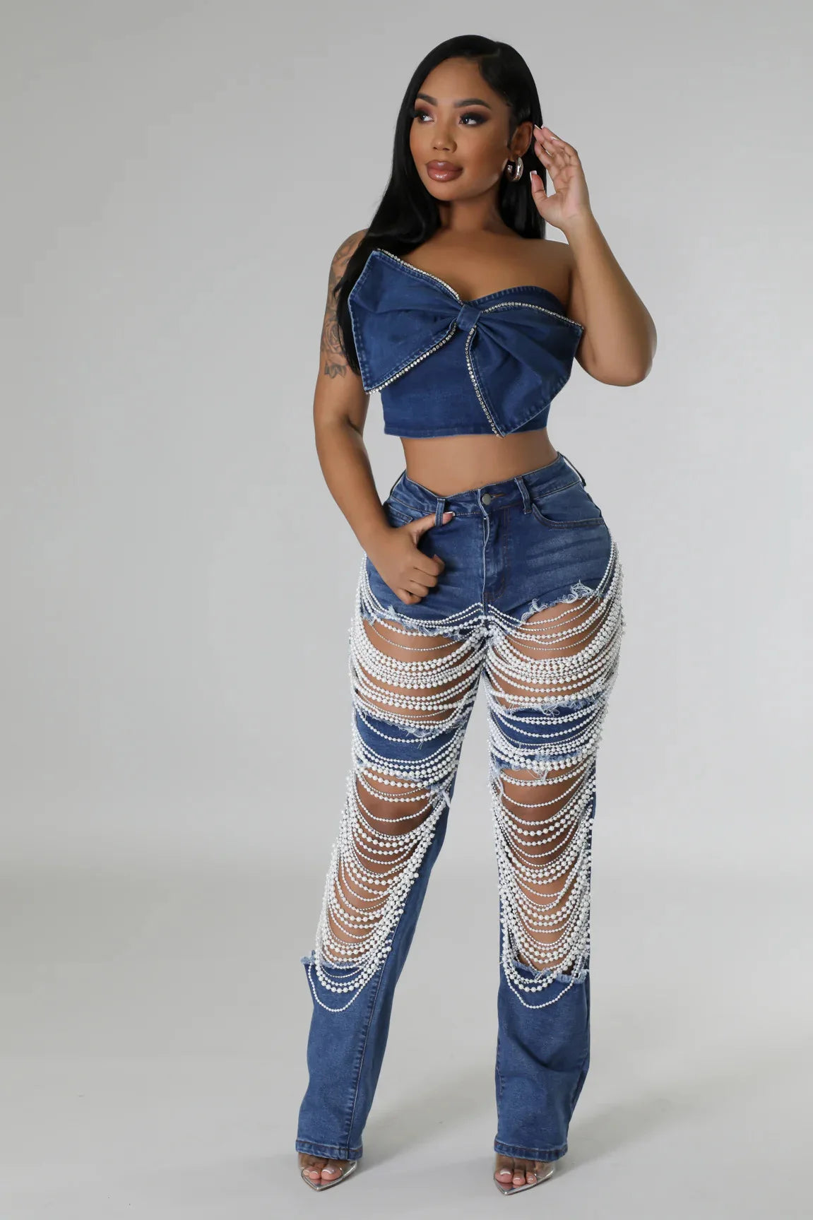 Ripped Jeans for Women Straight Pants Diamonds Chain Stretch Distressed High Waist Floor Length 2025 Streetwear Denim Trousers