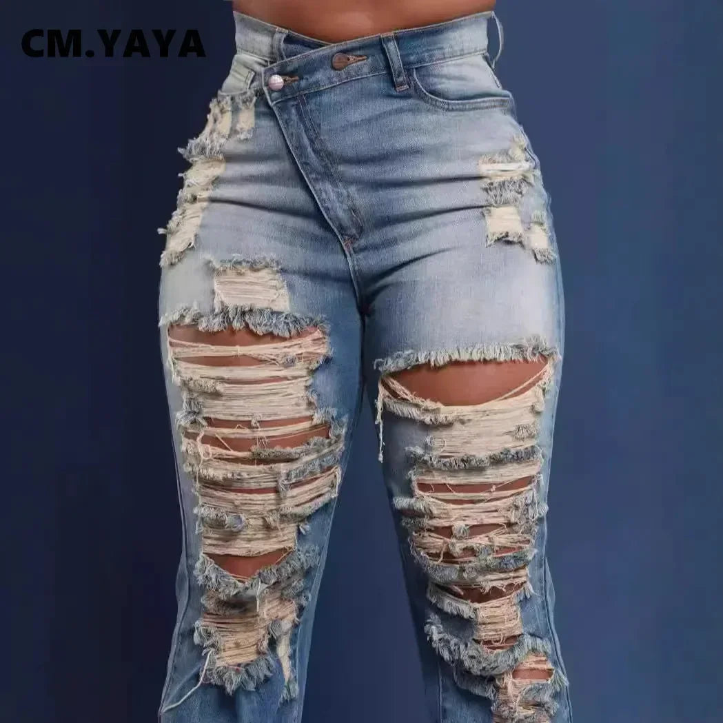 CM.YAYA Denim Pants Women Retro Sexy Hole Hollow Out Jeans Ripped out Pencil Trousers 2024 Street Skinny High Waist Lady Pant