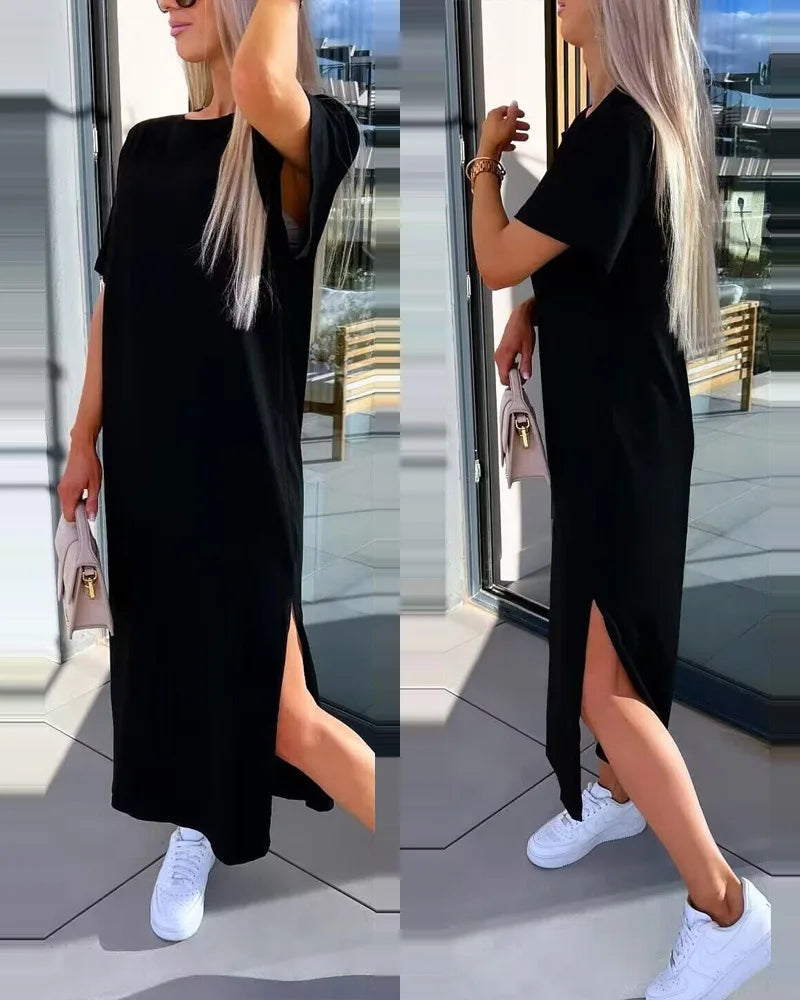 Spring Summer New Women's Clothing Solid Color V-neck Vest Back Lace Cutout Slit Casual Dress