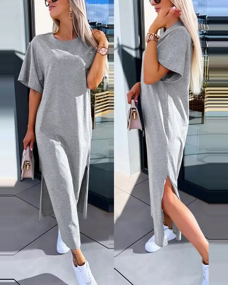 Spring Summer New Women's Clothing Solid Color V-neck Vest Back Lace Cutout Slit Casual Dress