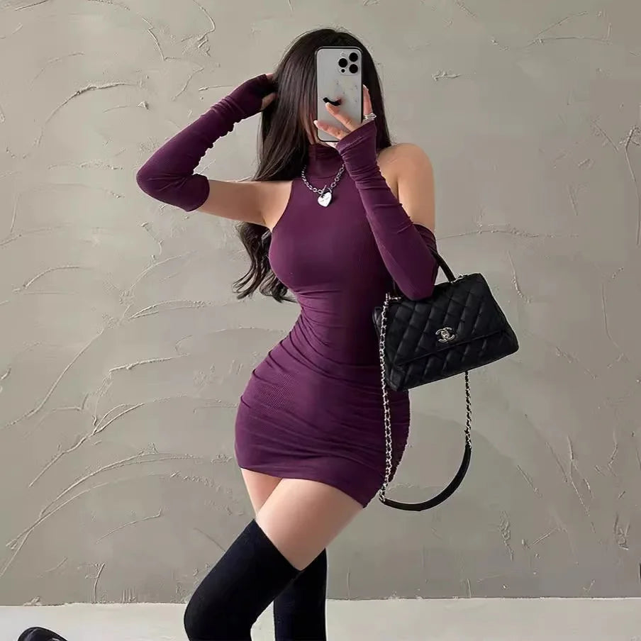 2025 Summer New Mini Dresses Fashion Women's Slim Fitting High Neck Red Solid Basic Bodycon Casual Evening Party Club Vestidos