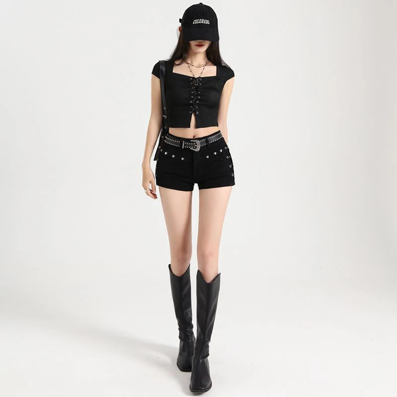Summer Y2k Sexy Low Waist Mini Denim Shorts Women Vintage Korean Popular Girls Slight Strech Streetwear Gothic Rivet Black Jeans