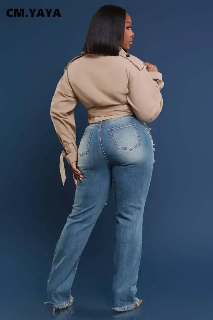 CM.YAYA Denim Pants Women Retro Sexy Hole Hollow Out Jeans Ripped out Pencil Trousers 2024 Street Skinny High Waist Lady Pant