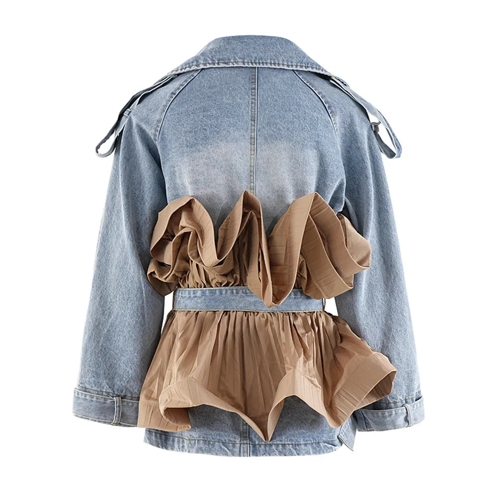 Denim Jacket for Women Ruffles Patchwork Spliced Lace Up Turn Down Collar Full Sleeve Coat Jackets 2025 Streetwear Outerwear