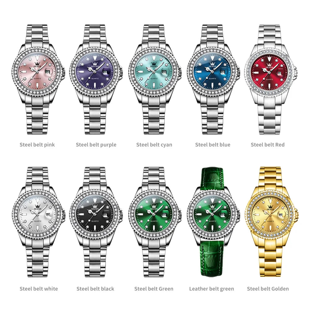 OLEVS Luxury Fashion Women's Watches Diamond Dial Luminous Quartz Watch Elegant Date Stainless Steel Original Brand Wrist Watch