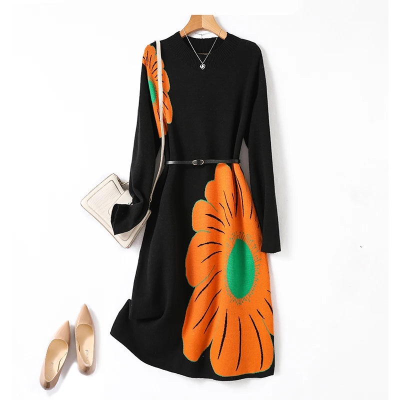 Female's Knitted Belt Knee Length Dresses Simple Comfortable Autumn Winter New Jacquard Dress Women Clothing Wool Vestidos
