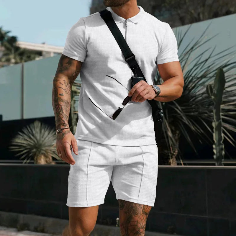 Fashion Casual Men's Short Sleeve Shorts Set Summer Breathable Solid Color Loose Lapel T-shirt Set Men Men Clothing