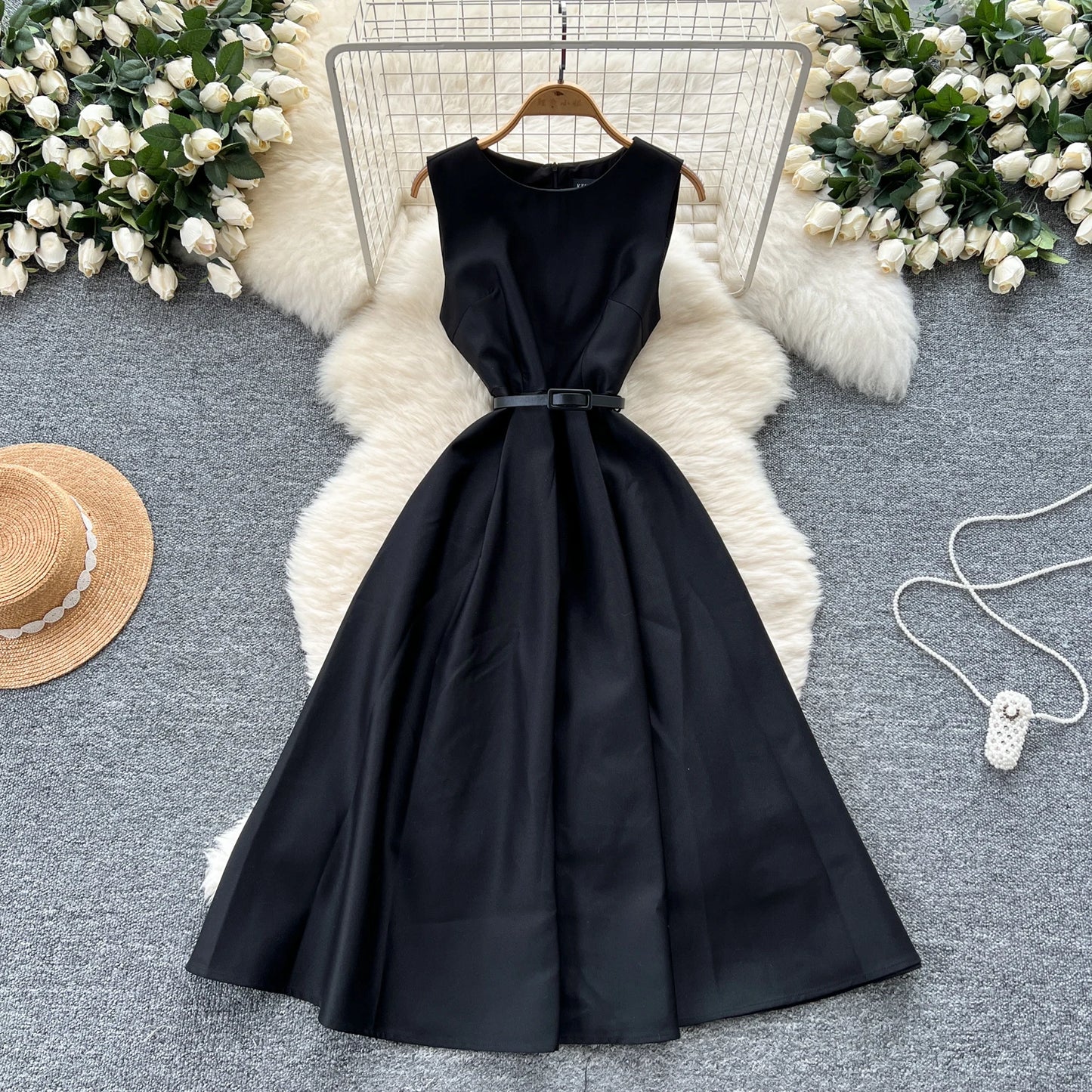 Chic O-Neck Vintage sleeveless Elegant evening dress High Waist Korean Fashion Vestidos women clothing