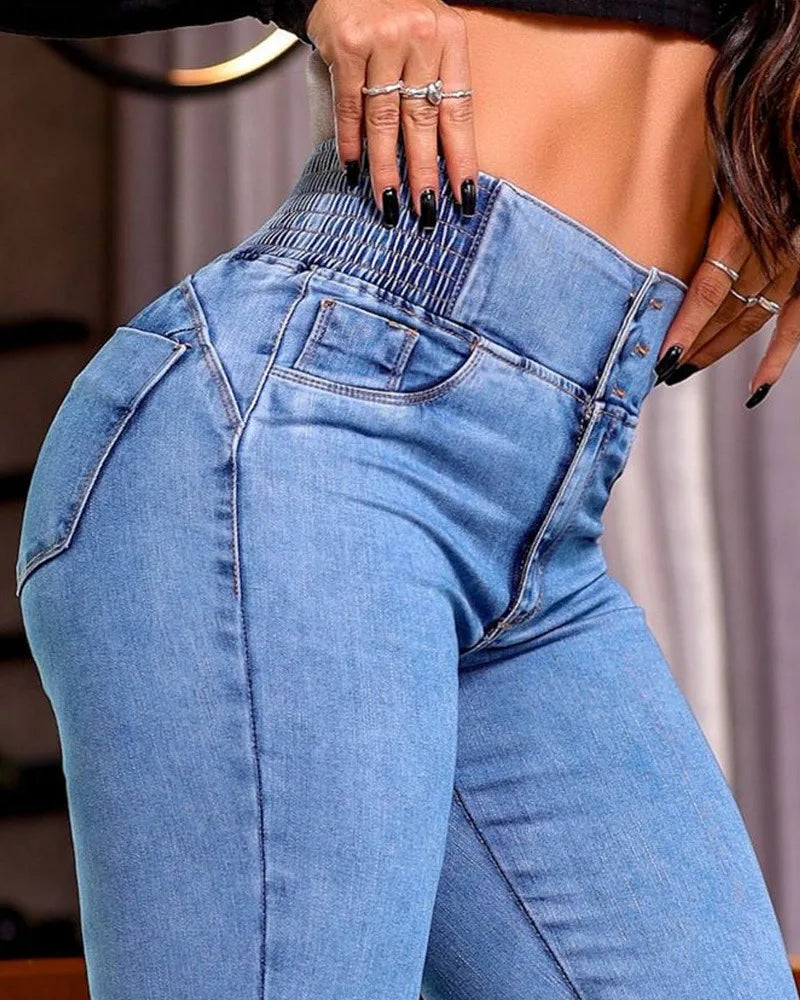 Sister Star Spring Women's New Elastic Waist Head High-waisted Button Stretch Slim Wide-legged Tencel Breathable Long Jeans