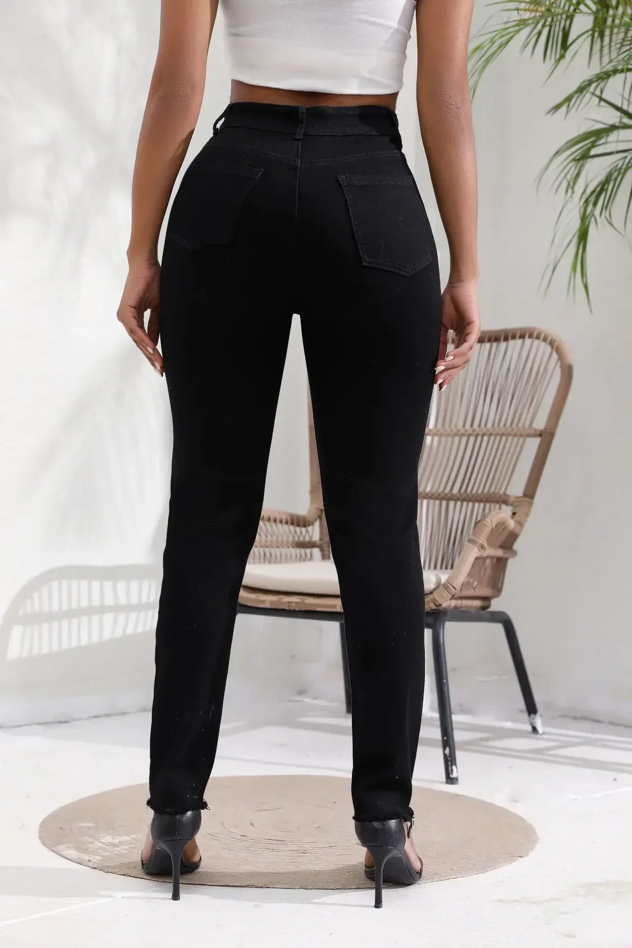 Women Jeans Denim pant High Waist Pencil Pants Holes Slim Fit Pockets Sexy Streetwear Solid Sheath Distressed Ankle Length 2025