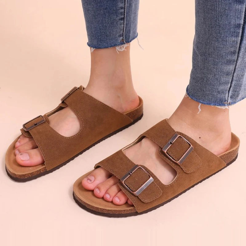 Pallene New Summer Women's Slippers With Arch Support Slip-On Outdoor Slides Cork Footbed Sandals With Adjustable Double Buckle