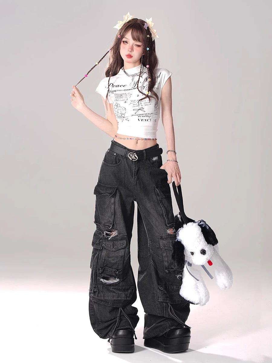 REDDACHiC Multi-pocket Destroyed Baggy Jeans Women Vintage Wash Black High Waist Wide Leg Cargo Pants Trousers Grunge Streetwear