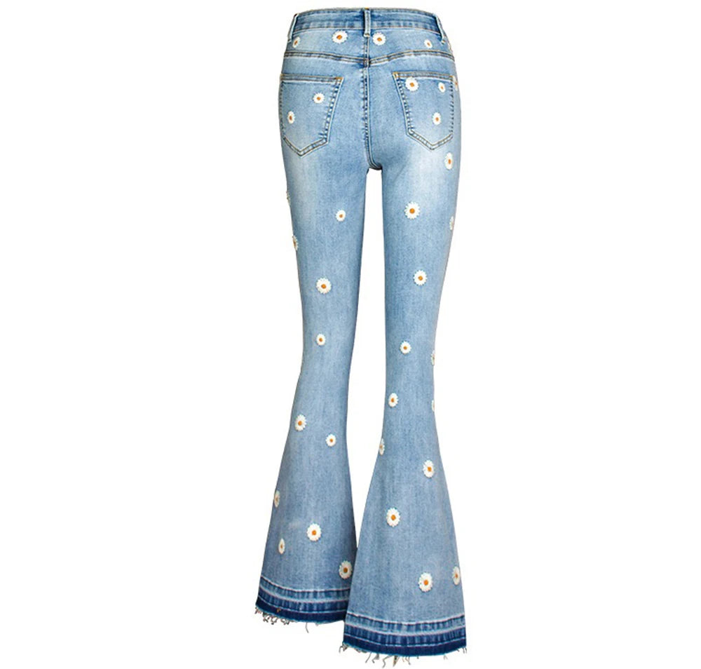 Women's Denim Bell Bottoms High Waist Tight Elastic Long Legs Daisy Embroidered Printed Spicy Girl Slim Straight Jeans UDUE