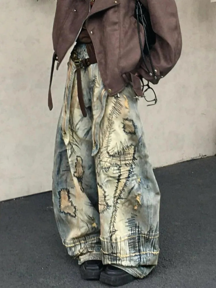 Casual Y2K Washed Retro Denim Trouser American Grunge Full Length Street Jean Women's Emo Pockets Hip-hop Baggy Mop Pants