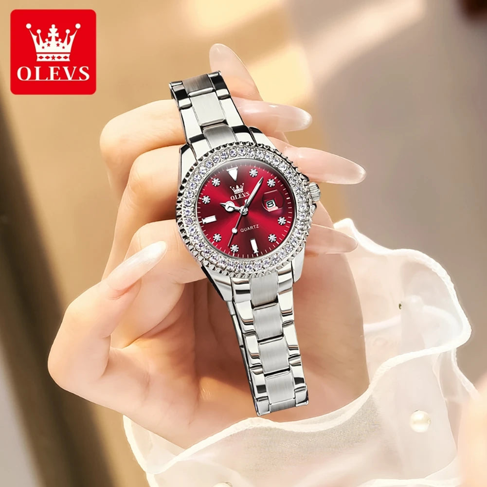 OLEVS Luxury Fashion Women's Watches Diamond Dial Luminous Quartz Watch Elegant Date Stainless Steel Original Brand Wrist Watch
