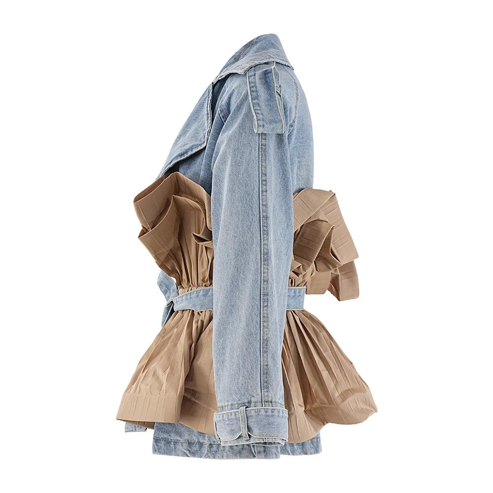Denim Jacket for Women Ruffles Patchwork Spliced Lace Up Turn Down Collar Full Sleeve Coat Jackets 2025 Streetwear Outerwear
