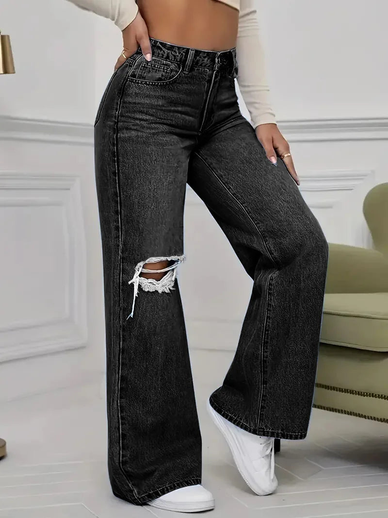 Washed Personality Hole Loose High Waist Denim Wide-leg Pants,Women's Four Seasons New Classic Fashion Casual Floor-length Jeans