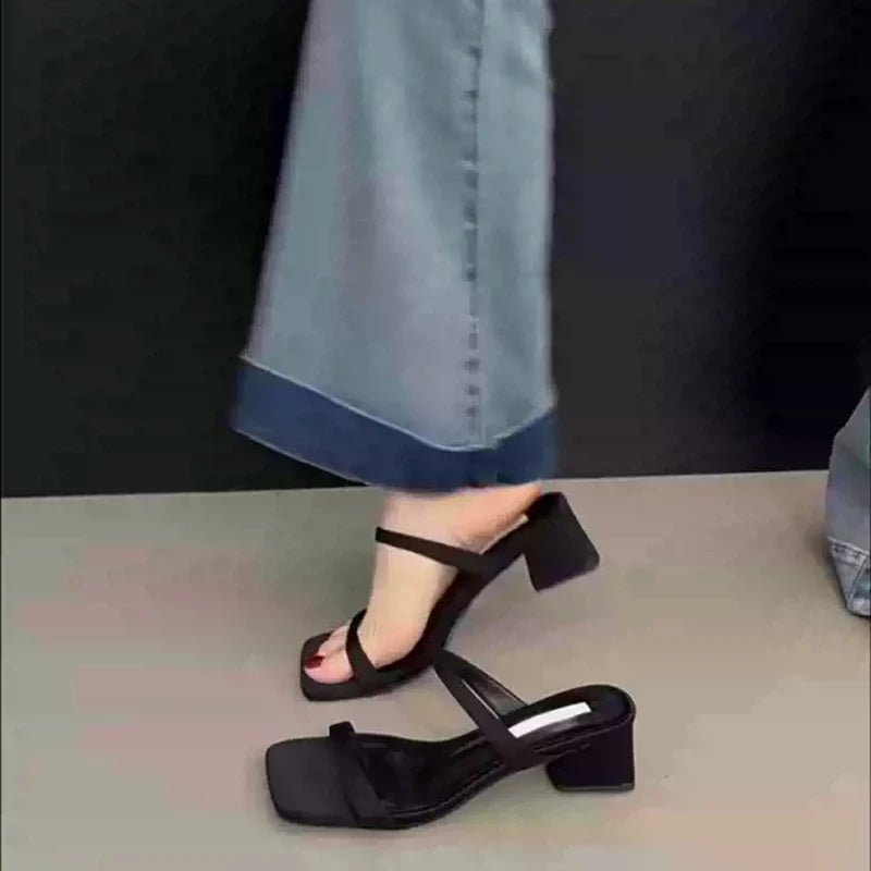 Summer Square Toe Slip On Women Slippers Ladies Elegant Outdoor Street Style Thick Heel Slides