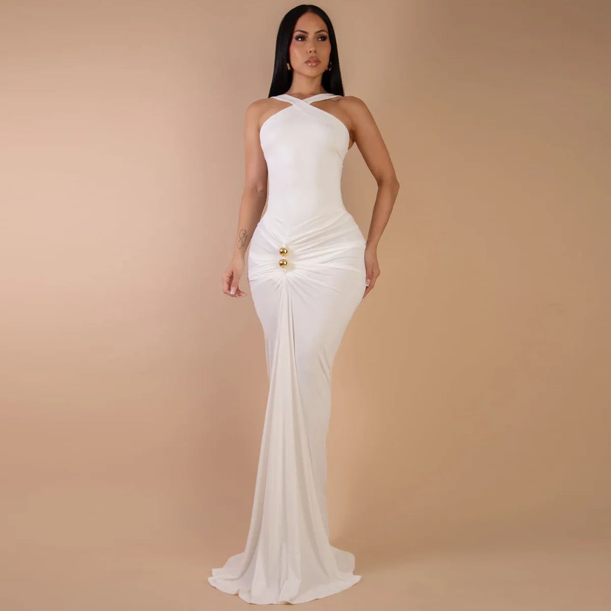 CM.YAYA Women Sleeveless Cross V-neck Ruched Stacked Midi Maxi Long Bodycon Dress 2025 Holiday Birthday Party Evening Dresses