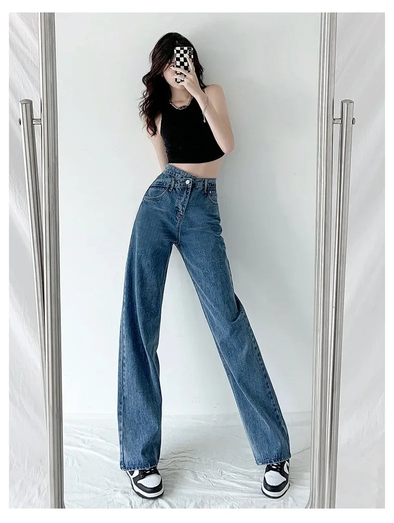 Design Sensibility High-Waisted Slimming Jeans Loose-Fit Straight-Leg Women's Korean Style Tie-Detail Wide-Leg Casual Trousers