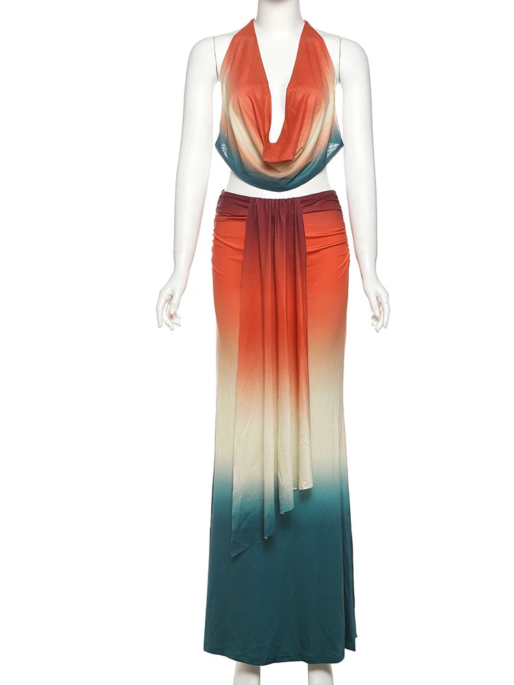 Weird Puss Sexy Colorful 2 Piece Set Women See Through Halter Tank Tops+Ruched Stretch Maxi Skirts Matching Midnight Clubwear