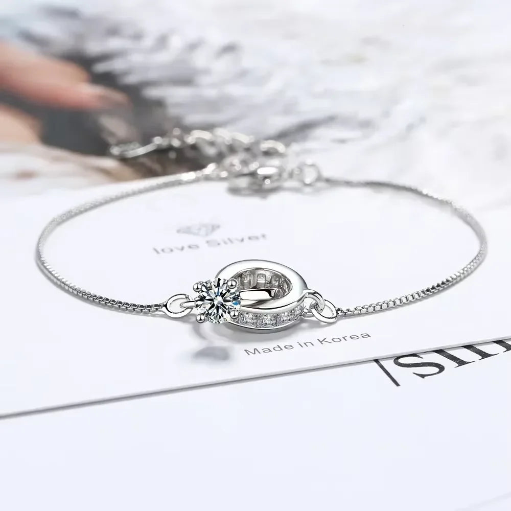 925 Sterling Silver Simple Geometric Double Ring Women's Zircon Bracelet, Lock The Vows, Luxury Jewelry Accessories