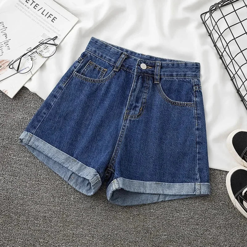 2022 New Spring Summer High-Waisted Slimming A- Line Denim Shorts Women's Loose-Fit Casual Heat Pants Rolled Edge Design