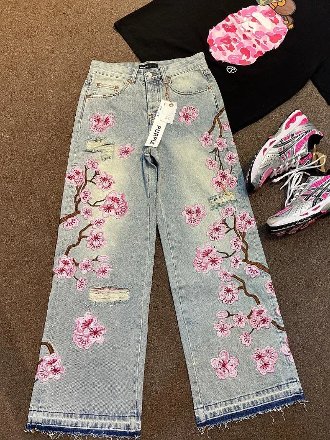 Y2k New Harajuku Retro Cherry Blossom Embroidered Blue Loose Jeans for Mens and Womens Gothic Fashion Low Waist Wide Leg Jeans