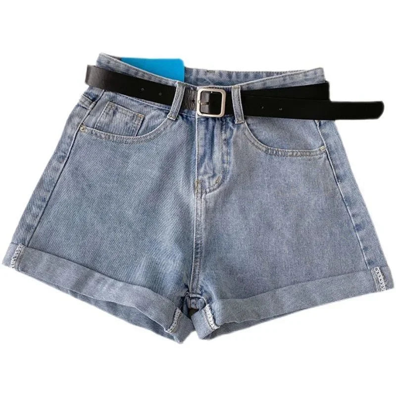 2022 New Spring Summer High-Waisted Slimming A- Line Denim Shorts Women's Loose-Fit Casual Heat Pants Rolled Edge Design