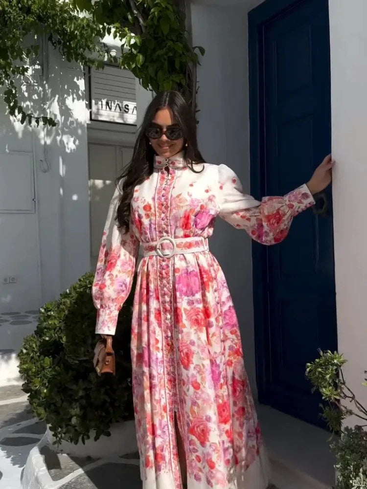 Chic Printed Stand Collar Single Breasted Dress Women Elegant Long Sleeve High Waist Dresses Female Summer Holiday Casual Robe