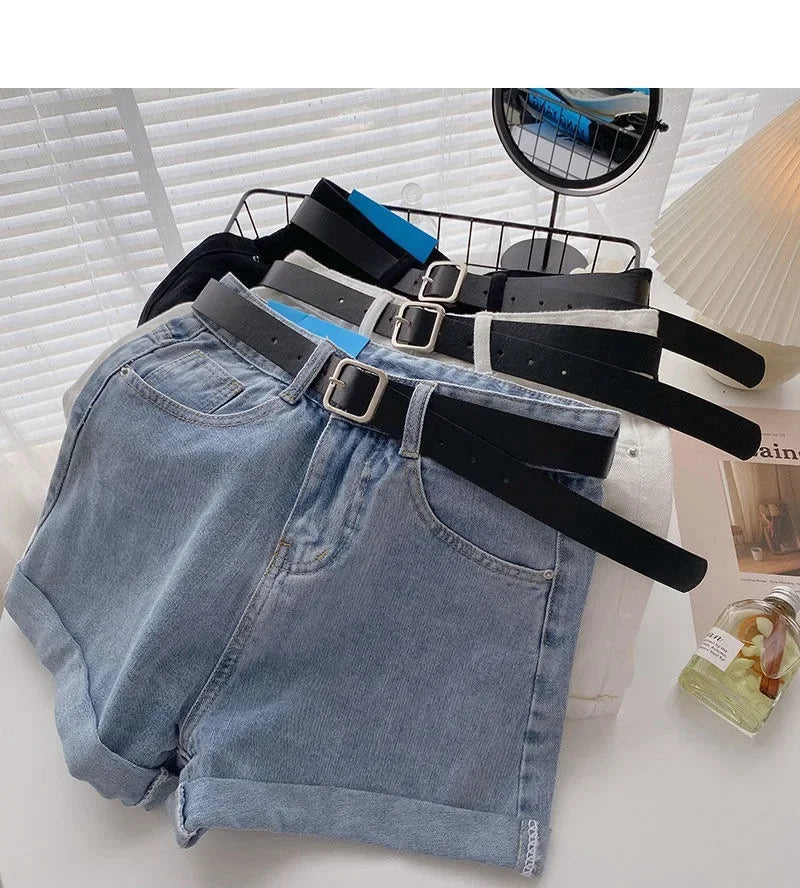 2022 New Spring Summer High-Waisted Slimming A- Line Denim Shorts Women's Loose-Fit Casual Heat Pants Rolled Edge Design