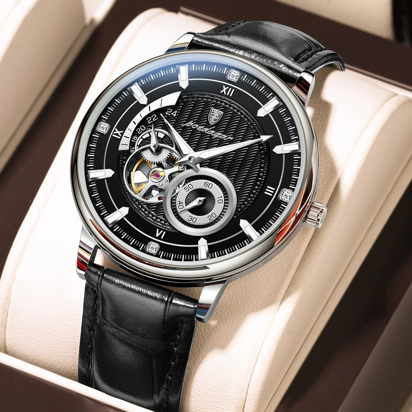 POEDAGAR Sports Luxury Men Clock Waterproof Luminous Man Watch Hollow Tourbillon Automatic Mechanical Leather Men's Watches Male
