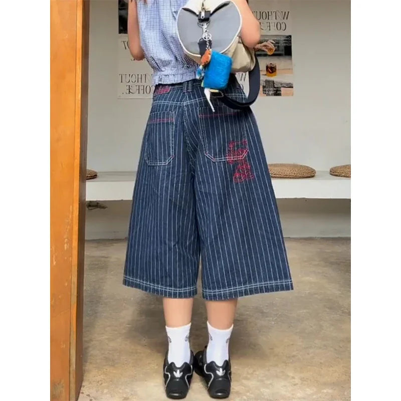 Harajuku Y2k Women's Light Blue Calf Length Cargo Jeans Baggy Denim Trousers Japanese 2000s Oversize Jean Pants Vintage Clothes