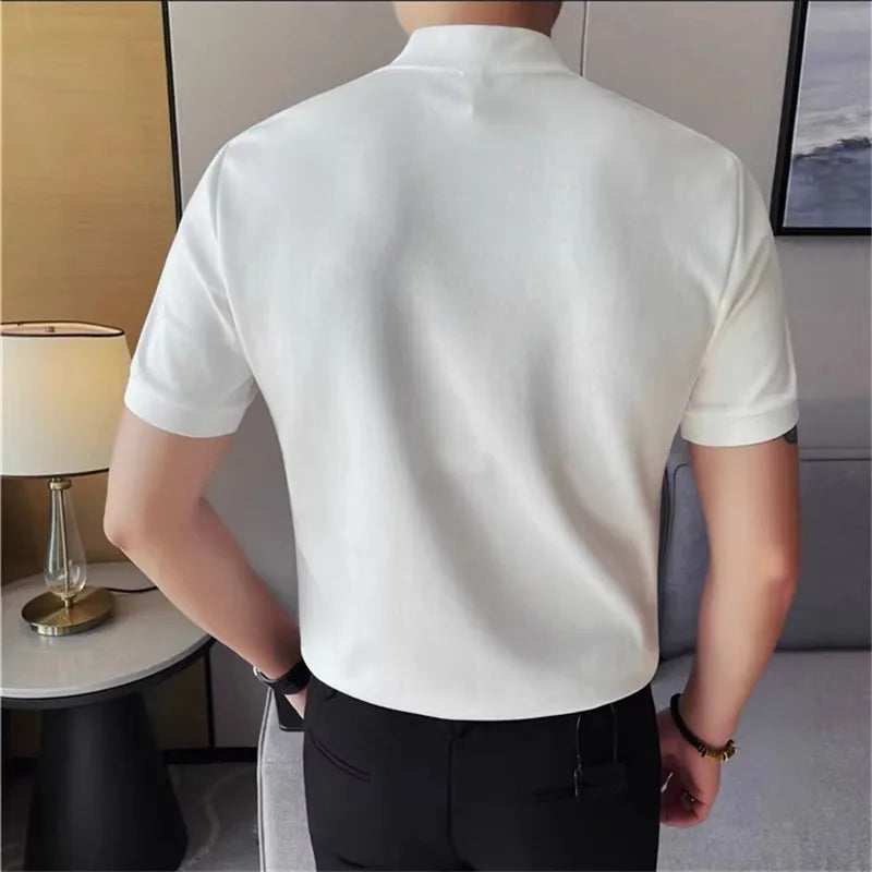 Summer Men's Polo Shirts Korean Style Fashion Turn Down Collar Solid Color Short Sleeve Slim Fit Polos Men Fake Two Pieces Tees