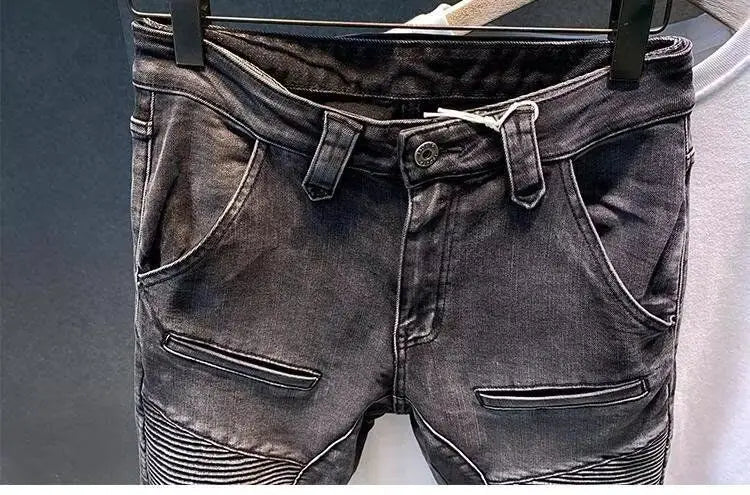 2025 New Autumn Winter Black Grey Men's High-End Motorcycle Long Pants Slim Patchwork Fold Designer Pencil Pants Casual Jeans