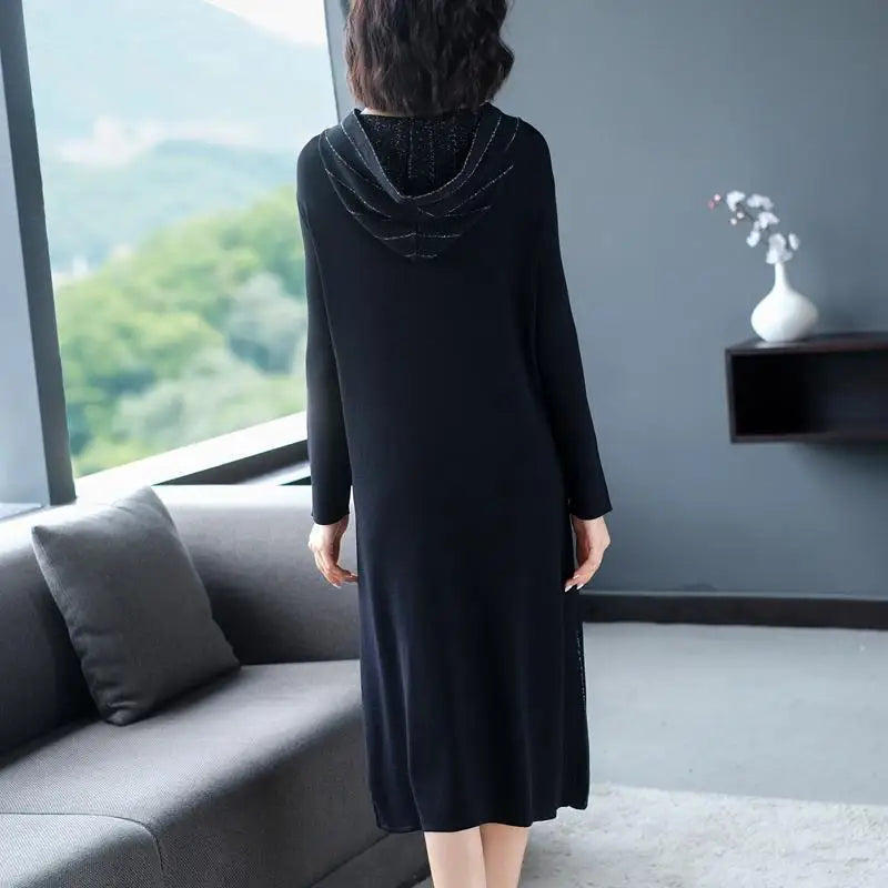 Temperamen Fashion Dresses Autumn Winter New WomenHooded Bright Silk Lacing Long Sleeve Loose Mid-length A-line Knitted Dress
