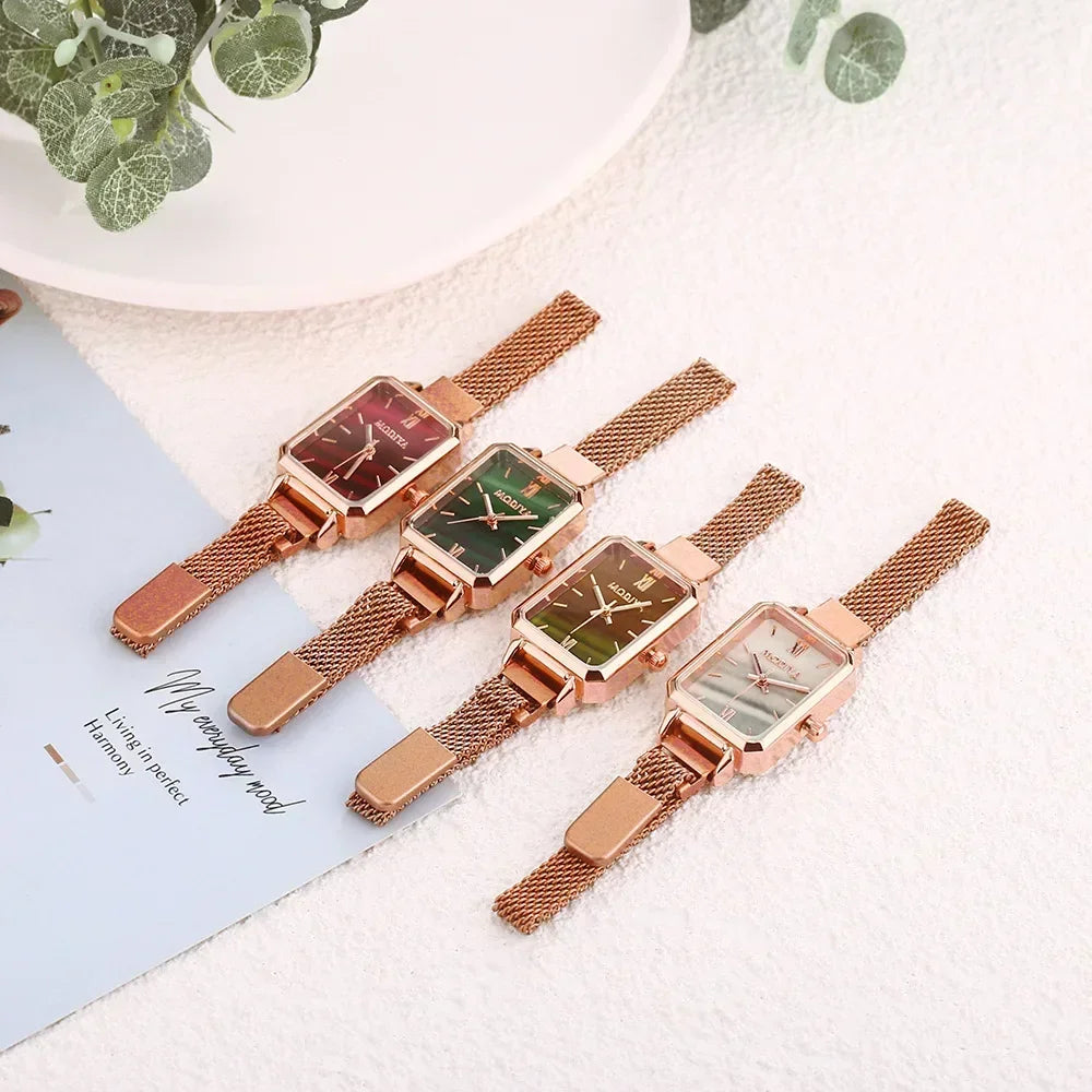 New Women Watches Fashion Square Ladies Quartz Watch Magnetic Strap Green Dial Simple Rose Gold Mesh Luxury Women Watches