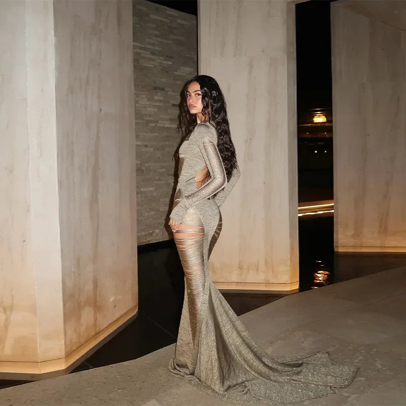 Sexy Hollow Out Evening Party Maxi Dress For Women Long Sleeve Backless Slimming High Waist Luxury Robe 2025 New Summer Y2k