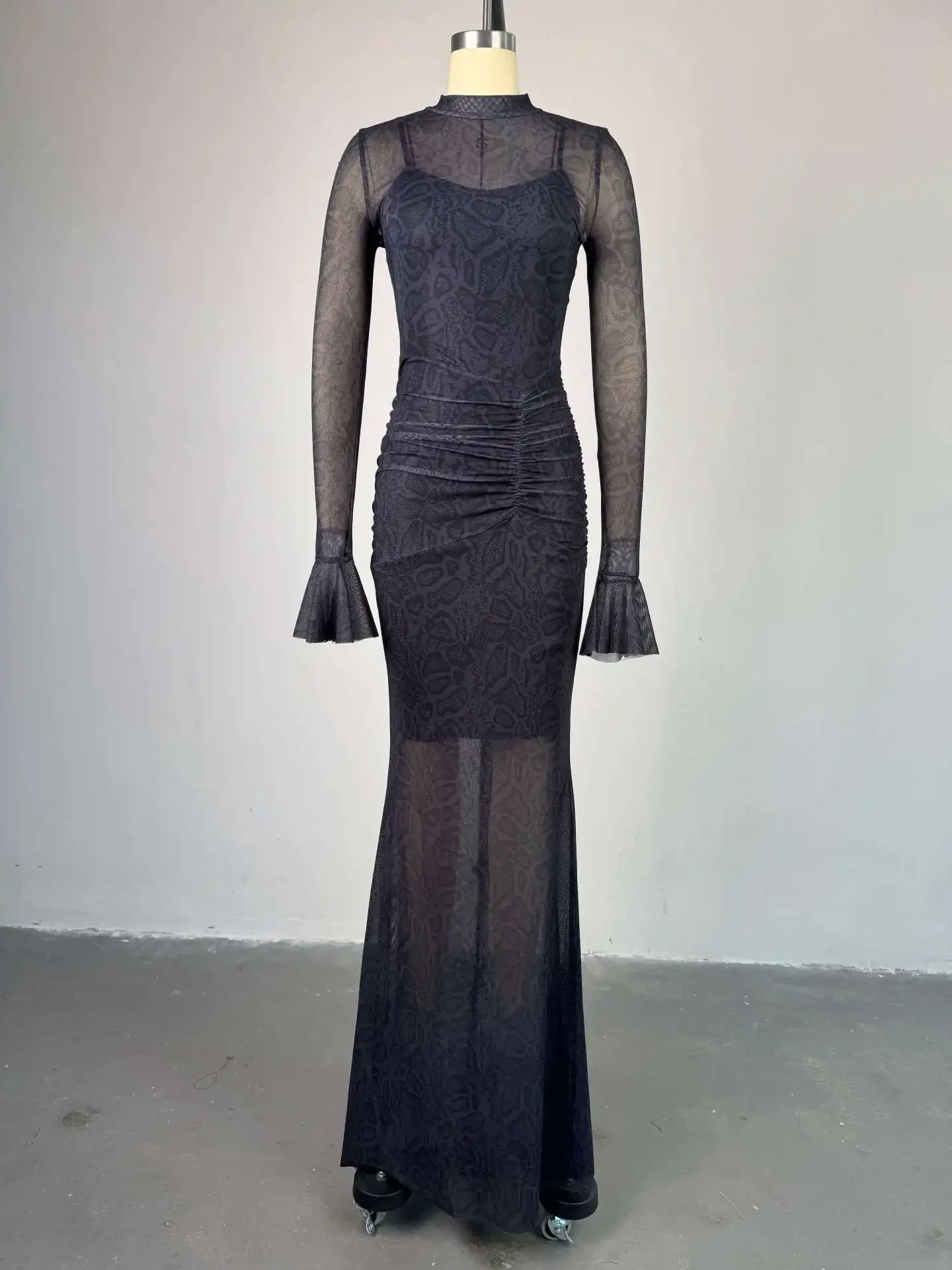 Women Full Sleeve Long Dress Lace Leopard See Through Ruched O-neck Evening Vestidos Sexy Party Maxi Dresses Vestidos