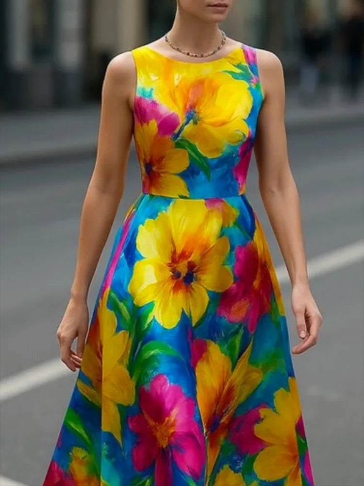 Yeezzi Women British Style Contrast Color Floral Printed Midi Dresses 2025 New Summer Sleeveless Elegant Evening A-line Dress