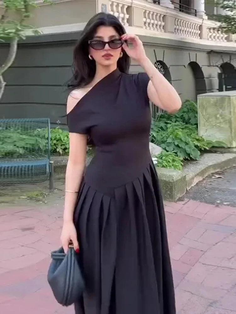 Elegant Long Dress Women Loose Skew Collar Sleeveless A Line Robe Female 2025 Spring Summer Solid Fashion High Waist Dress Lady