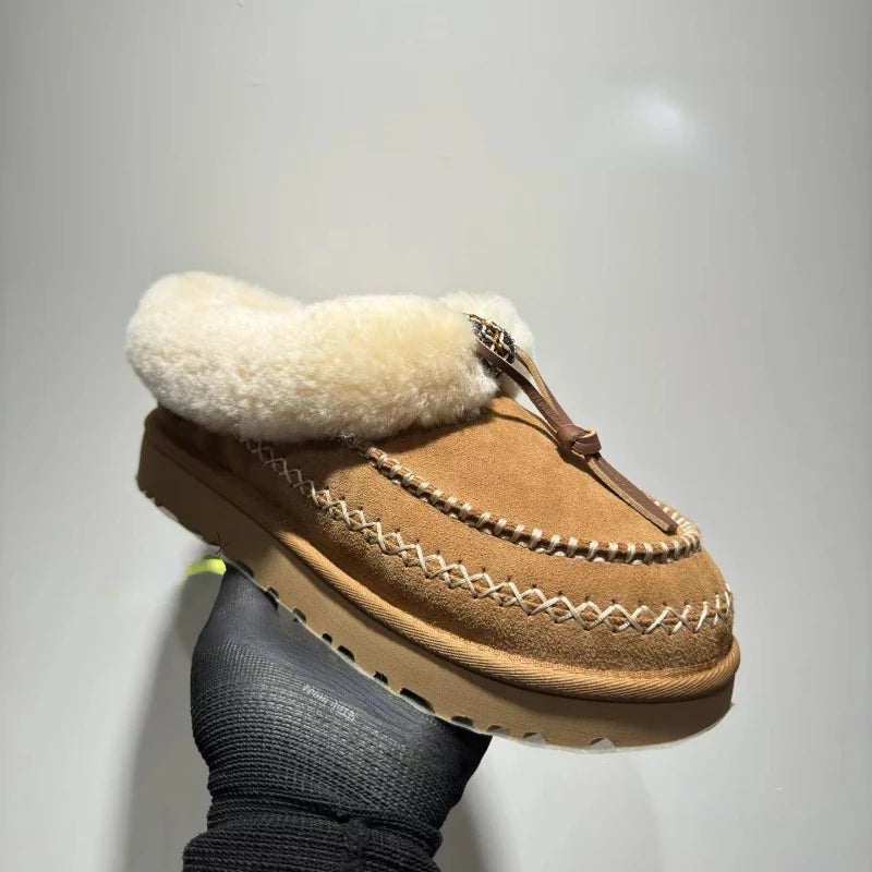 Genuine natural fur bare boots 2025 new winter flat wool shoes thick bottom lace decorative casual half drag Baotou drag