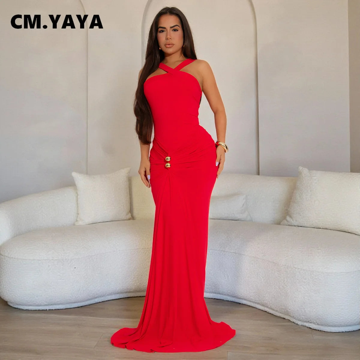 CM.YAYA Women Sleeveless Cross V-neck Ruched Stacked Midi Maxi Long Bodycon Dress 2025 Holiday Birthday Party Evening Dresses