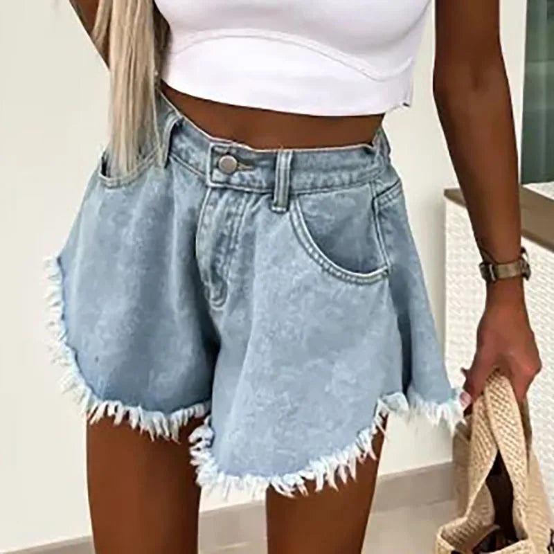 Chic Sexy High Waist Button Jean Shorts Y2K Woman Spring Solid Tassel Denim Shorts Summer Pocket Streetwear Wide Leg Short Pants
