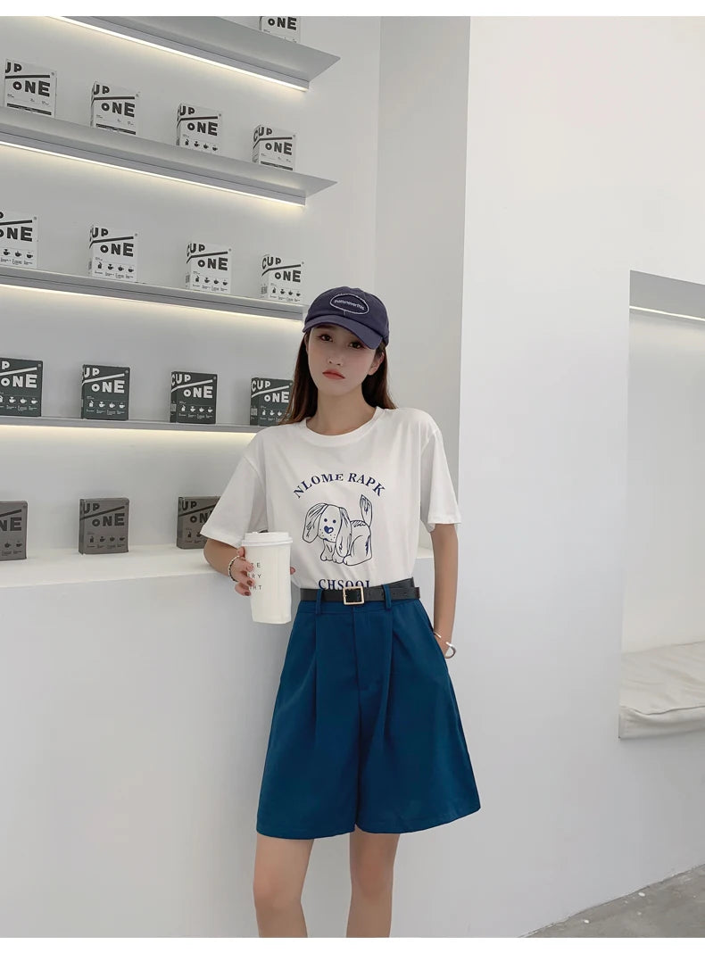 Jielur Women's Loose High Waist Suit Shorts Women Black Grey Blue Five-point Shorts Female Casual Wide-leg Shorts for Women S-XL