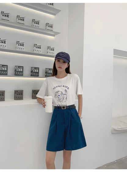 Jielur Women's Loose High Waist Suit Shorts Women Black Grey Blue Five-point Shorts Female Casual Wide-leg Shorts for Women S-XL
