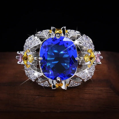 Vintage Jewelry Luxury Big Sapphire 925 Sterling Silver Rings for Women Elegant Flower Engagement Wedding Band Anniversary Rings