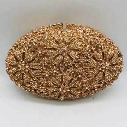 Gold Diamond Flower Evening Clutch Purse Oval Shape Rhinestone Crystal Wedding Bridal Clutches Luxury Phone Handbags